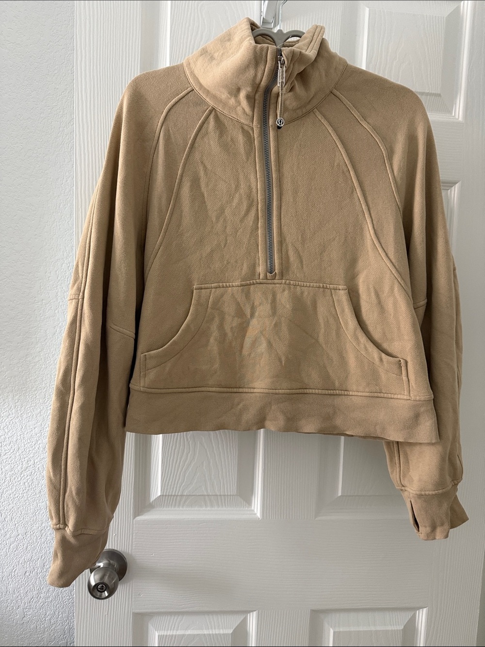 Lululemon Scuba Cropped Half-Zip Pullover Sweater in Beige
